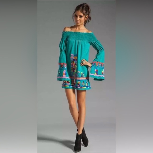 Vava by Joy Han Off-Shoulder Teal Dress with Colorful Embroidery - Picture 1 of 4